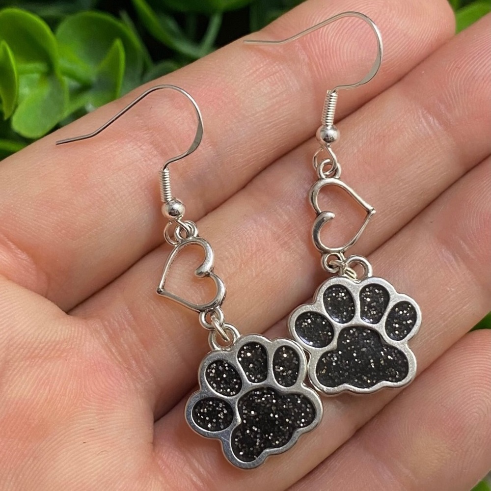 Black Paw Prints & Hearts Earrings